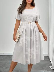 SHEIN Clasi Plus Size Women Plant Pattern Round Neck Batwing Short Sleeve Casual Dress - White - View 6