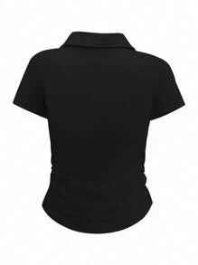 INAWLY Women's Plain Collar Short Sleeve Casual Pleated T-Shirt
