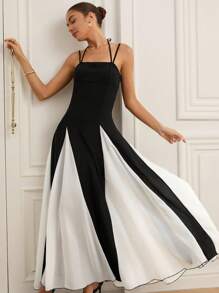 EMERY ROSE Đầm xòe họa tiết hình học chắp vá sang trọng, thanh lịch, gợi cảm bằng vải lanh mới dành cho nữ - Đen và trắng - Xem 1