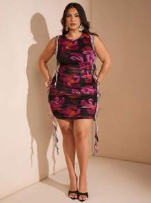 SHEIN BAE Plus Size Women Elegant Vacation Music Festival Versatile Tie-Dye Bright Color Ruffle Trim Bodycon Mini Dress/Halloween Plus Size Costume/Wedding Guest Dress - Purple - View 6