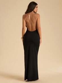 SHEIN BAE Vestido ajustado de verano para mujer con corte delantero y hebilla de metal sólido negro