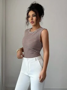 Elenzga 女式休闲条纹修身背心，夏季 - 卡其色 - 查看 6