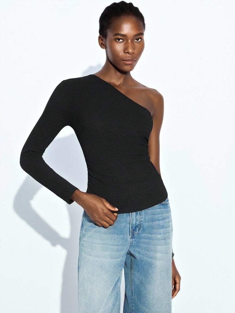 SHEIN Maija Women's Basic Solid Color Asymmetrical Shoulder Fitted Sexy Fashion Autumn Top, Retro Style,Halloween