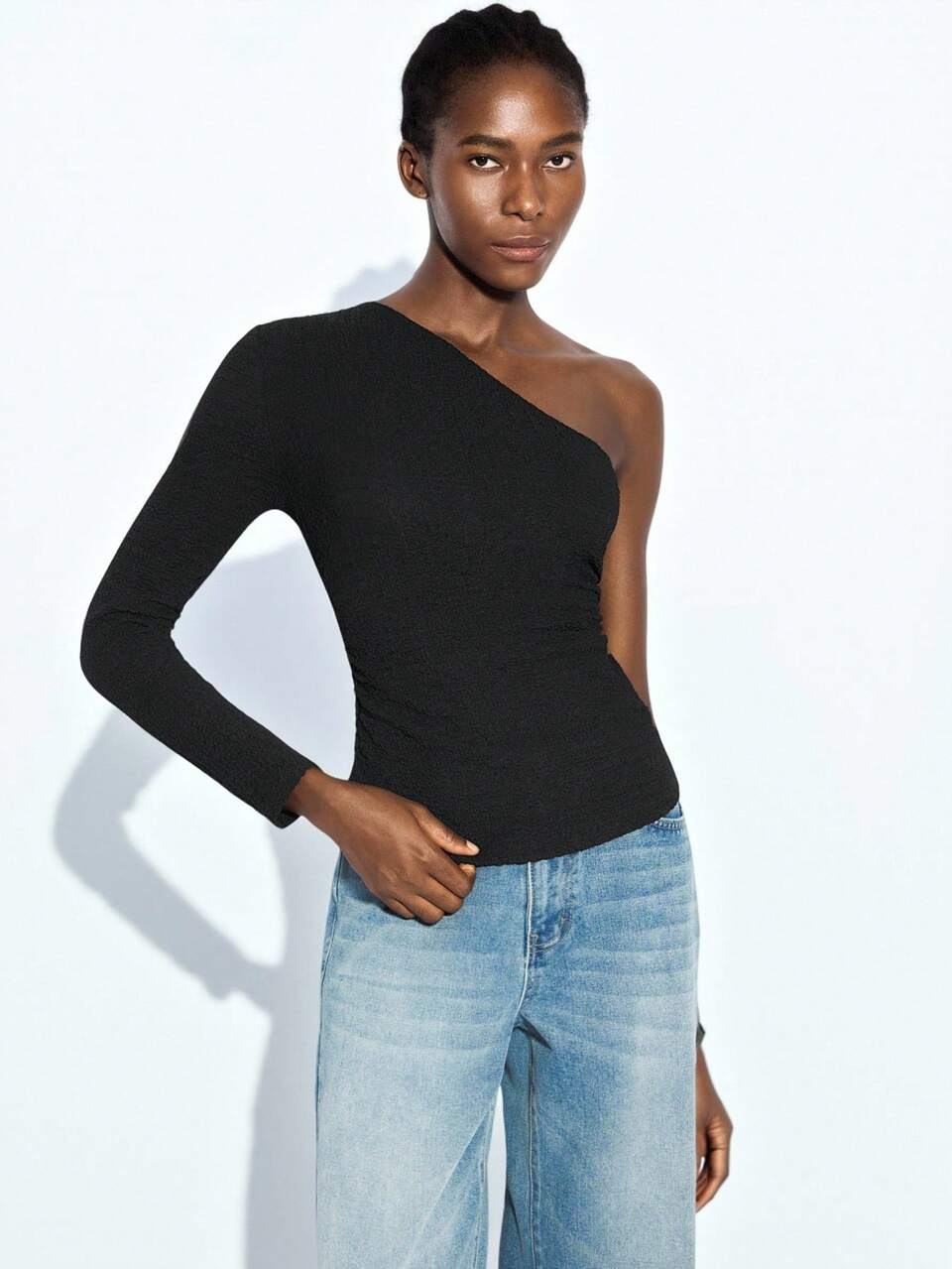 SHEIN Maija Women's Basic Solid Color Asymmetrical Shoulder Fitted Sexy Fashion Autumn Top, Retro Style,Halloween