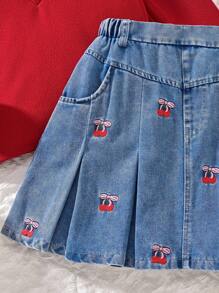 Sparklyn Tween Girl 2 In 1 Ruffle Trim Shirt And Cherry Embroidered Denim Pleated Skirt Set Fall Winter