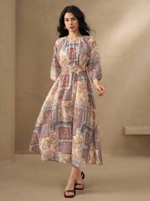 DAZY فستان طباعة زهرية متوسط الطول بياقة مستديرة، صيفي - برتقالي مرجاني اللون - مشاهدة 5