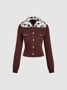 SHEIN MOD 卡其棕色拼布豹纹毛领优雅秋冬开衫 - 棕色 - 查看 4