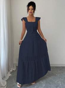 Elenzga Damen romantisches, elegantes Set aus einfarbiger Bluse und Rock, Sommer