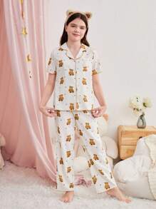 SHEIN 青少年女孩熊印花衬衫和宽松 V 领短袖裤两件套睡衣套装 - 卡其色 - 查看 2