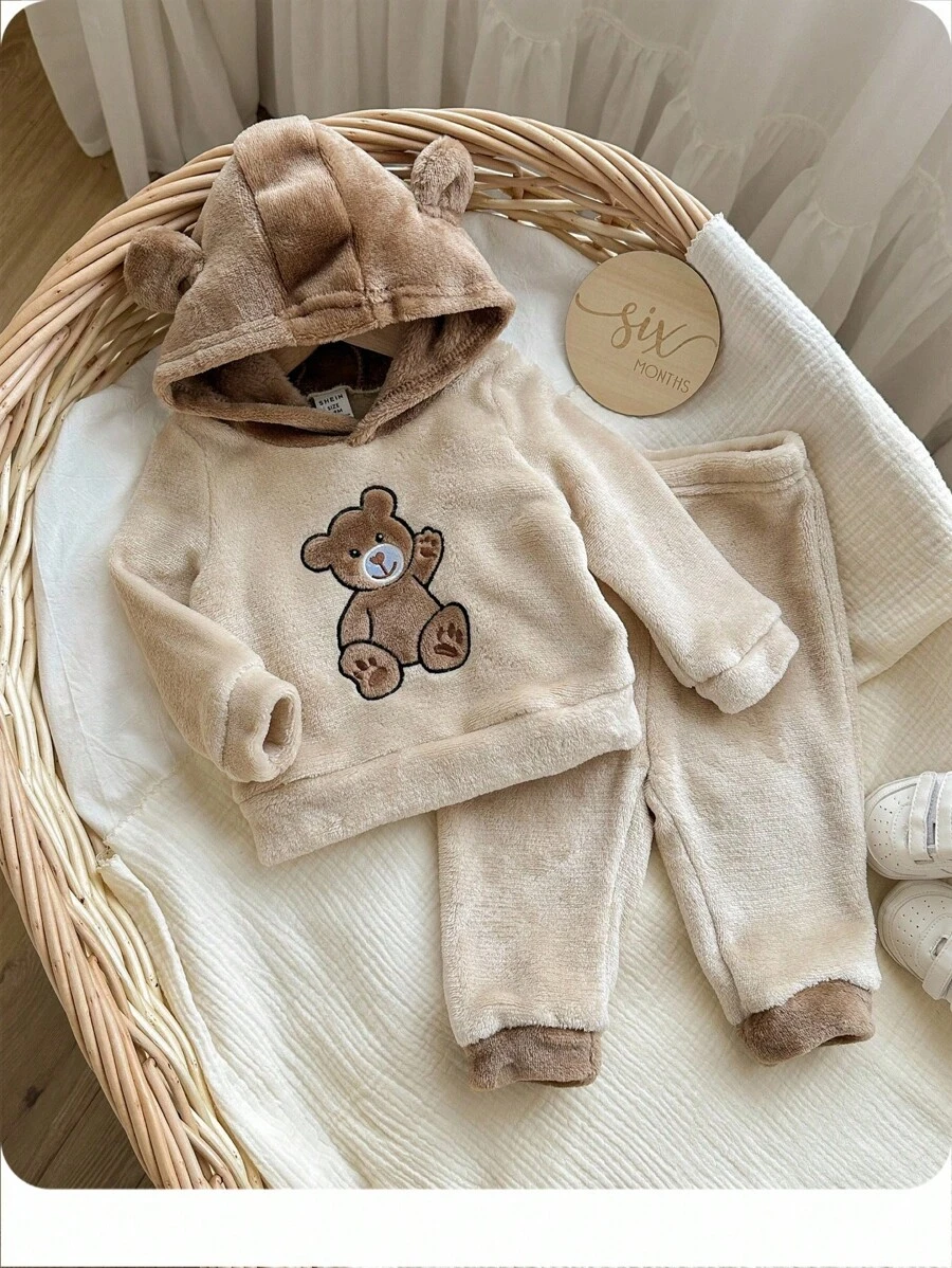 2pcs Baby Boy Cute Bear Pattern Embroidered Long Sleeve Pajamas Set With Long Pants, Soft & Comfortable Double-Sided Flannel Sleepwear Suit, For Autumn/Winter