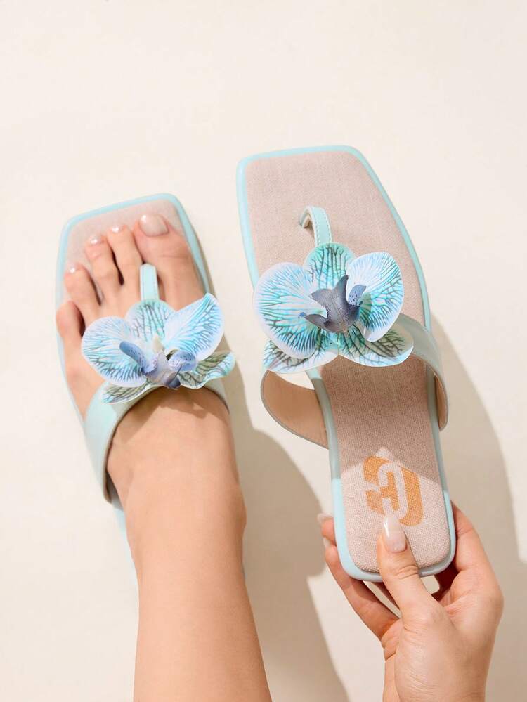 CUCCOO CHICEST Women's Mint Green Linen Flat Sandals With 3D Iris Flower Decor, Elegant Sweet Casual Fashion Comfortable Slip-On Shoes For Spring/Summer, Suitable For Afternoon Tea, Dates, Beach Vacation