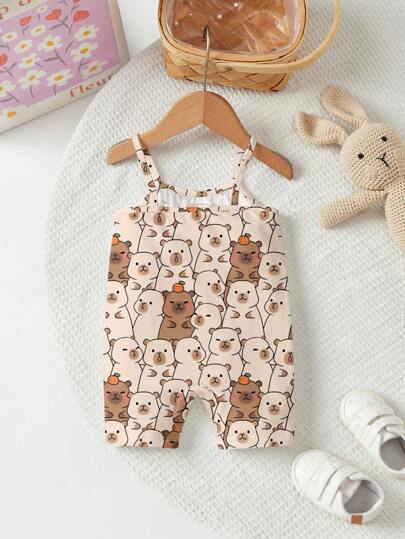 SHEIN Bộ đồ liền thân có dây đeo vai dễ thương hình con chuột lang nước và kem hạnh nhân, thích hợp cho mùa xuân/hè, mùa hè mát mẻ, mặc ở nhà, tập đi, ngoài trời, dã ngoại và du lịch
