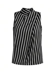 BizChic Women's Asymmetric Collar Tie Strap Romantic Elegant Casual Business Commute Blouse, Striped Pattern, Suitable For Daily Wear, Office Outfit, Teacher Uniform, Autumn - Black and White - View 2