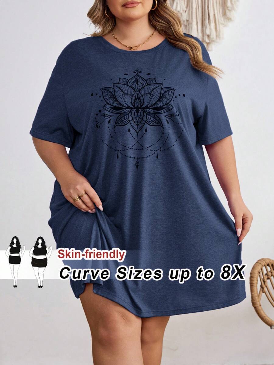 SHEIN CURVE+ 大码音乐节T恤，休闲简约大码莲花净色圆领宽松短袖连衣裙，适合夏天穿 - 藏蓝色 - 查看 1