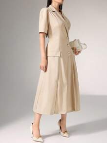 Heiryn 褶皱不对称韩式办公室通勤优雅连衣裙，短袖