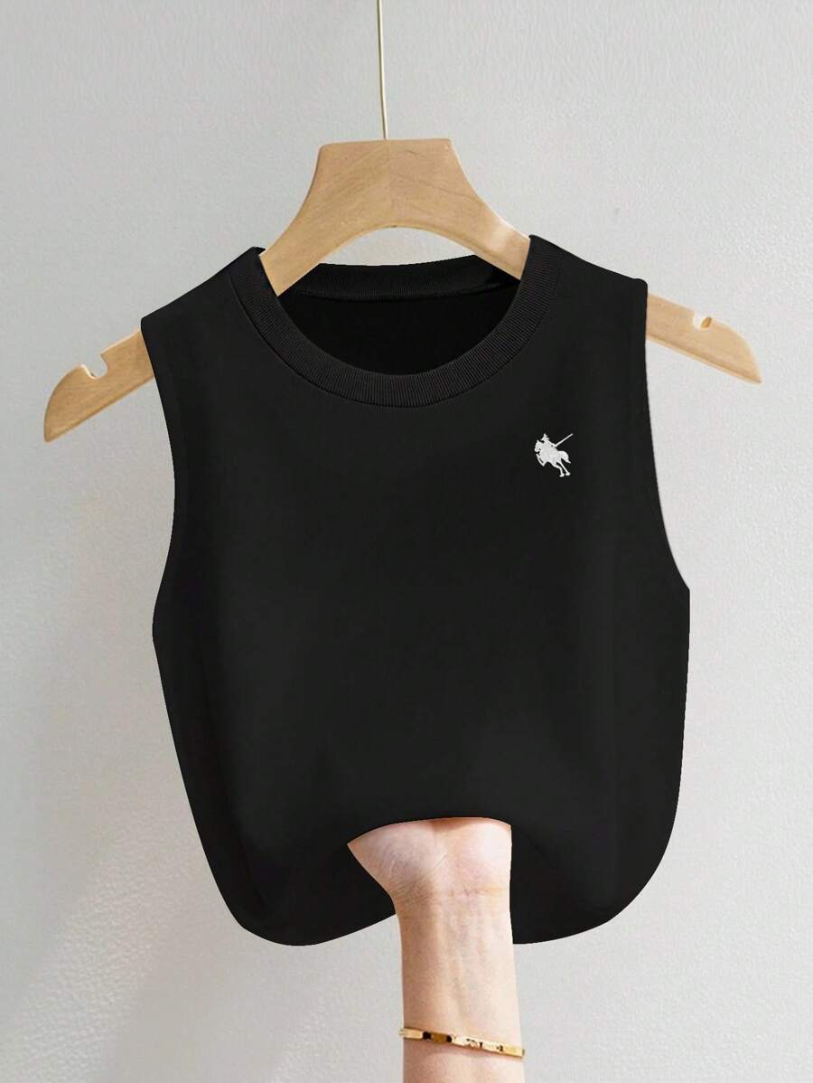 女式休闲日常宽松刺绣马匹图案黑色背心，夏季 - 黑色 - 查看 1