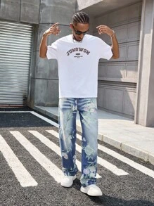 Manfinity LEGND 男士休闲玫瑰印花胡子条纹水洗宽松直筒牛仔裤，春夏