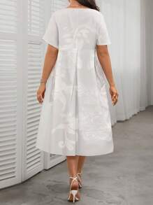 SHEIN Clasi Plus Size Women Plant Pattern Round Neck Batwing Short Sleeve Casual Dress - White - View 2