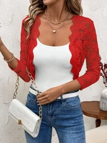 SHEIN Clasi Áo khoác ren ngắn màu trơn đơn giản cho mùa thu/đông - Đỏ - Xem 5