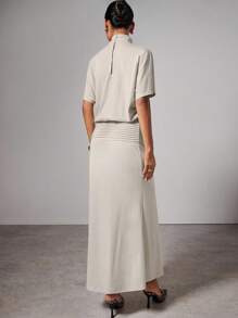 COSMINA Women's Elegant Solid Color Dress With Stand Collar - Apricot - View 5