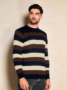 RueChic Men's Simple Striped Splice Round Neck Sweater - Camel - View 8