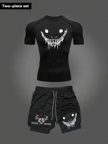 Manfinity Sport Corelite Tricou și pantaloni scurți cu mânecă scurtă Raglan pentru bărbați, cu imprimeu cu cap de șarpe, costum sport, respirabil, confortabil, design minimalist, croială slim, pentru antrenament, set de sală, haine de sală gotice, haine de antrenament, pantaloni scurți pentru bărbați, seturi de sală, seturi de îmbrăcăminte sport, mâneci scurte