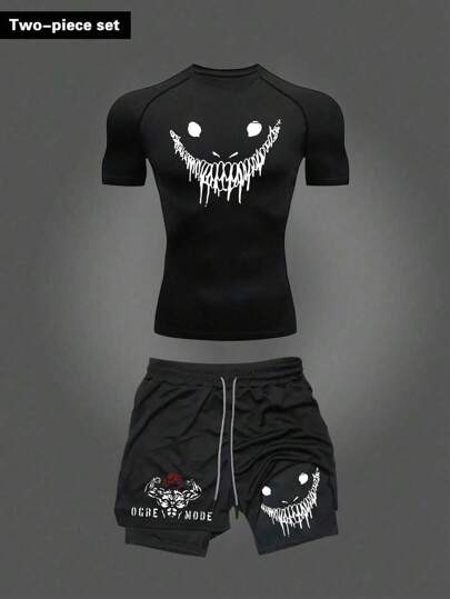 Manfinity Sport Corelite Conjunto deportivo de camiseta de manga corta y pantalones cortos con estampado de cabeza de serpiente para hombres. Diseño minimalista, ajuste ceñido, transpirable y cómodo para entrenamiento, gimnasio. Ropa de gimnasio gótica, ropa deportiva activa, conjunto de camiseta y pantalones cortos de gimnasio, conjunto de entrenamiento, camiseta de compresión para hombres.