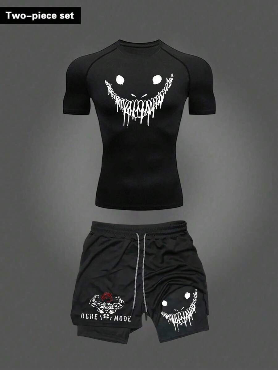 Manfinity Sport Corelite Tricou și pantaloni scurți cu mânecă scurtă Raglan pentru bărbați, cu imprimeu cu cap de șarpe, costum sport, respirabil, confortabil, design minimalist, croială slim, pentru antrenament, set de sală, haine de sală gotice, haine de antrenament, pantaloni scurți pentru bărbați, seturi de sală, seturi de îmbrăcăminte sport, mâneci scurte