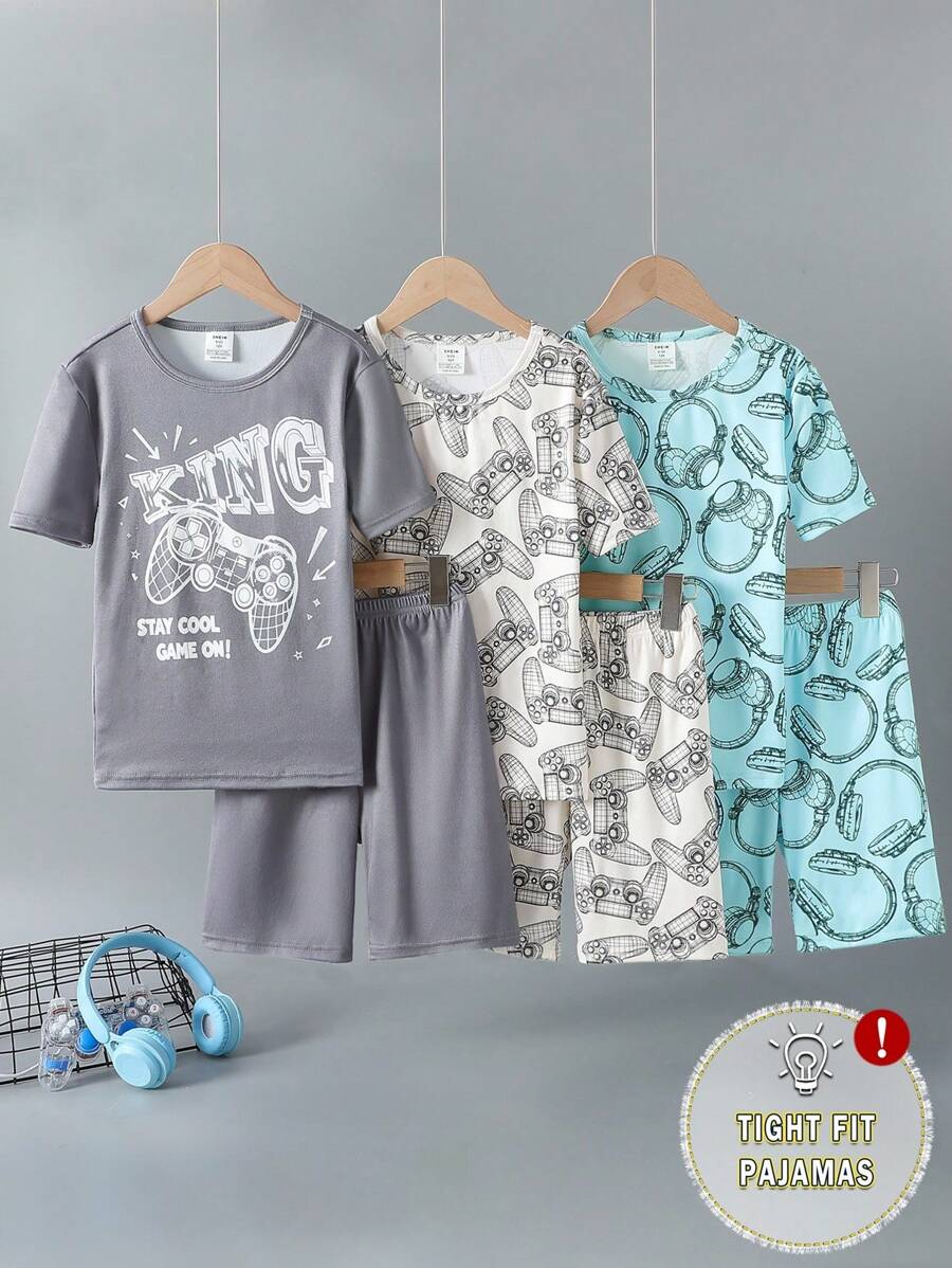 Tween Boys 6-Piece Pajama Set, Mixed Color Digital Gaming Print Short Sleeve Top And Slim Fit Pants Sleepwear - Multicolor - View 1