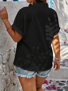 EMERY ROSE Blusa casual holgada de manga corta tipo murciélago de unicolor para mujer de talla grande - Negro - Ver 2