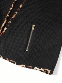 Gownix Contrast Leopard Print Trim Elegant Jacket, Suitable For Everyday Wear In Fall/Winter,Winter Clothes For Women - Black - View 4