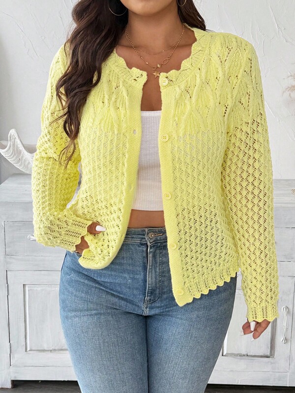 EMERY ROSE New Hollow Out Plus Size Women Knitted Cardigan, Lightweight For Spring, Summer, Early Autumn