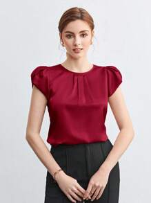 BizChic Women's Solid Color Round Neck Pleated Decor Batwing Sleeve Loose Casual Blouse, Basic Urban Commute Style, Elegant And Fashionable Business Casual Outfit For Ladies, Teachers, Office Wear