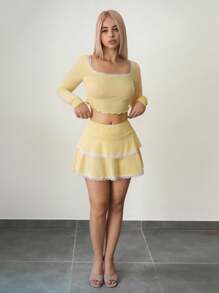 Sweetina 女士两件套黄色蕾丝蝴蝶结内衣套装，性感纯真风格秋季女装 - 黃色 - 查看 5