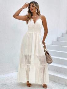 SHEIN Clasi Plus Size Women Resort Style Textured Spaghetti Strap Ruffle Trim Waist Flare Dress - Apricot - View 3