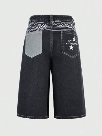 Street Life Pantalones cortos de mezclilla casuales con bolsillo y estampado de letra y pentagrama para hombres