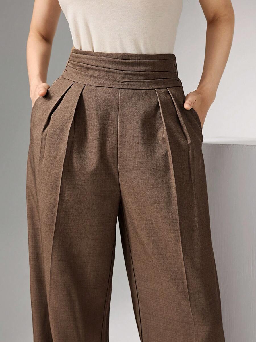 Heiryn Pleated High Waist Elegant Commuter Wide Leg Pants In Fall/Winter - Rust Brown - View 1