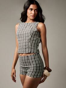 MISSGUIDED 无袖格子两件套夏季短款上衣高腰短裤休闲节日海滩装现代时尚设计野餐早午餐度假村 - 黑色 - 查看 5