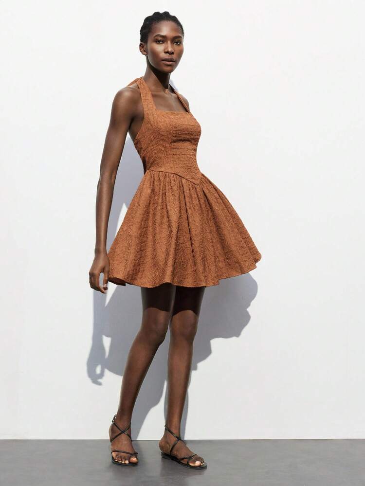 SHEIN Maija 2025 Summer New Arrival Brown Halter Neckline Flounce Hem Invisible Zipper Back Design Ladies Casual Dress, Fashionable Elegant Modern Urban Romantic Business Casual Dress For Daily Office Party Beach Holiday Music Festival Wedding Guest Brunch Street Chic Airport Back To School Y2K Vintage Style