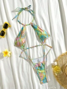 Swim SXY 新款性感彩虹蛇皮印花系带露背连体泳衣，适合夏季海滩度假