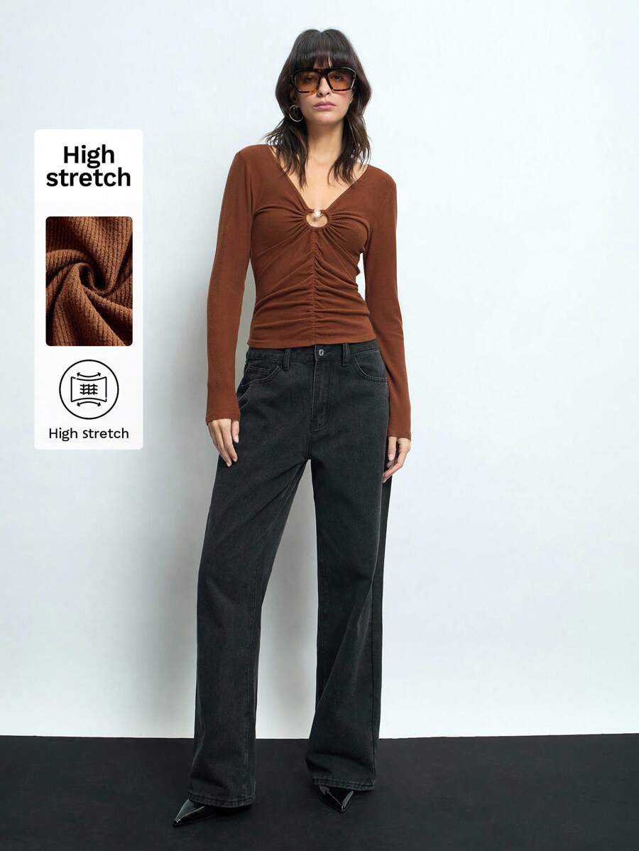 Maija 女士时尚褶饰镂空金属装饰长袖套头衫棕色针织镂空上衣情人节、节日 - 棕色 - 查看 1