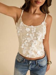 SHEIN BAE Summer Beach Sequin White Top,Party, Sequin Tank Top,Halter Top - White - View 3