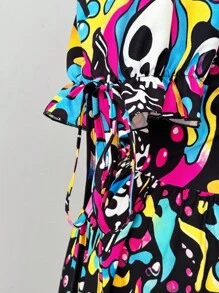 Sunspun Halloween Y2K Dark Skull Skeleton Subculture Short Sleeve Dress - Multicolor - View 2