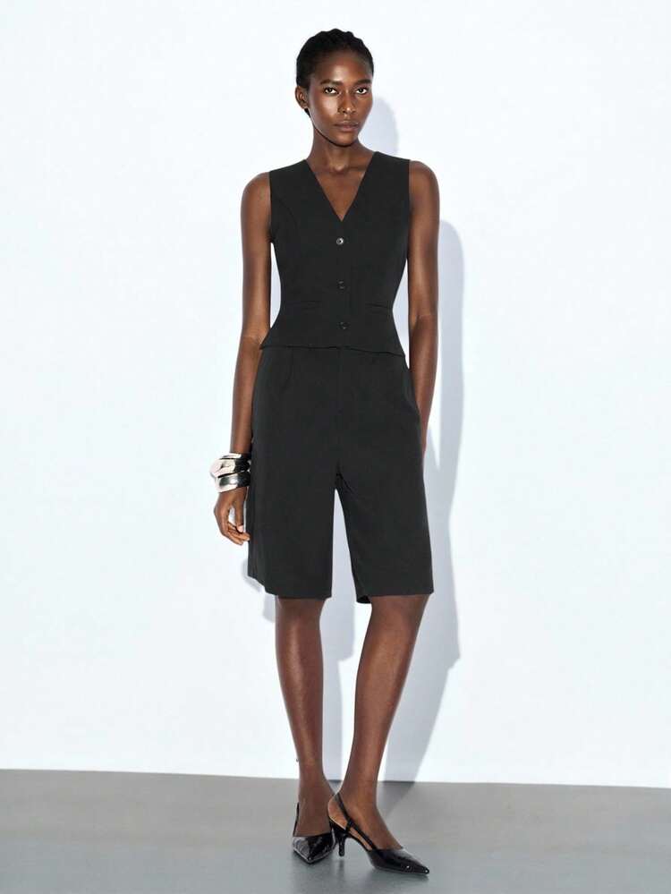 SHEIN Maija Black Sleeveless Buckle Decor Minimalist Vest And Below Knee Length Shorts Set, Urban Casual Chic Commuter Business Casual Outfit, Suitable Fall Women Clothes,Halloween