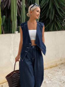 DAZY 女士休闲水洗不对称V领背心和阔腿牛仔裤套装度假装 - 深色水洗藍 - 查看 5