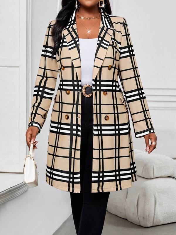 SHEIN Lady Spring, Summer, Autumn And Winter Knitted Plaid Print Fabric Lapel Suit Collar Double-Breasted Plus Size Medium Length Plus Size Windbreaker