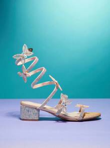 Mini mi 女童水晶镶嵌 3D 蝴蝶螺旋踝带粗跟香槟色闪光连衣裙凉鞋 - 价格实惠，适合角色扮演 - 香檳色 - 查看 1