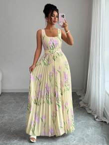 Elenzga 方领腰部收紧褶裥下摆郁金香印花连衣裙