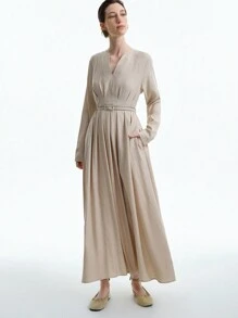 Aalyst 女式法式优雅奢华极简主义高端休闲度假通勤舒适纯色棉混纺褶皱腰褶 A 字形后腰抽绳侧袋长袖超长连衣裙，春/秋/冬 - 杏色 - 查看 4