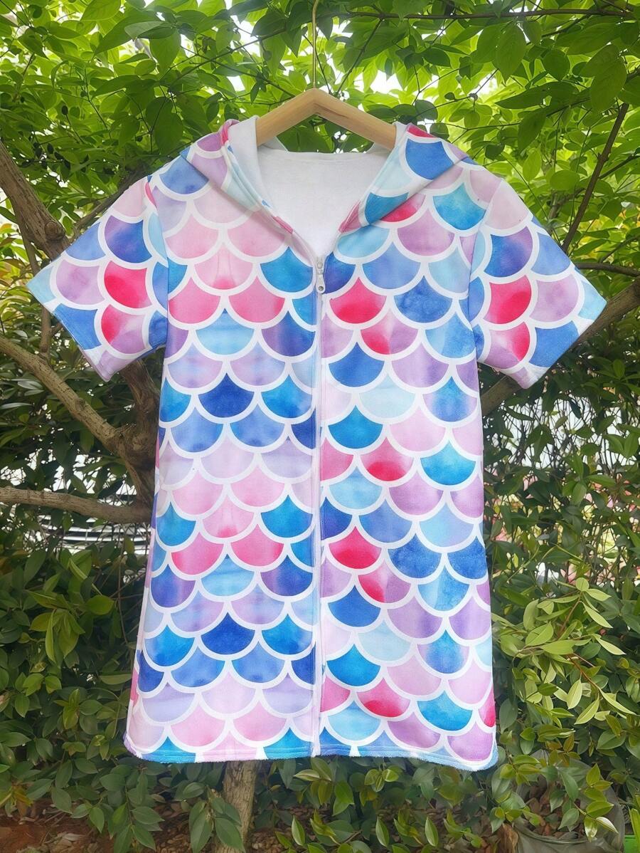 SHEIN 1 件鱼鳞女童泳衣连帽拉链毛圈泳衣罩衫毛巾泳衣浴袍泳池游泳可穿沙滩长袍连衣裙夏季婚礼 - 魚鱗 - 查看 1